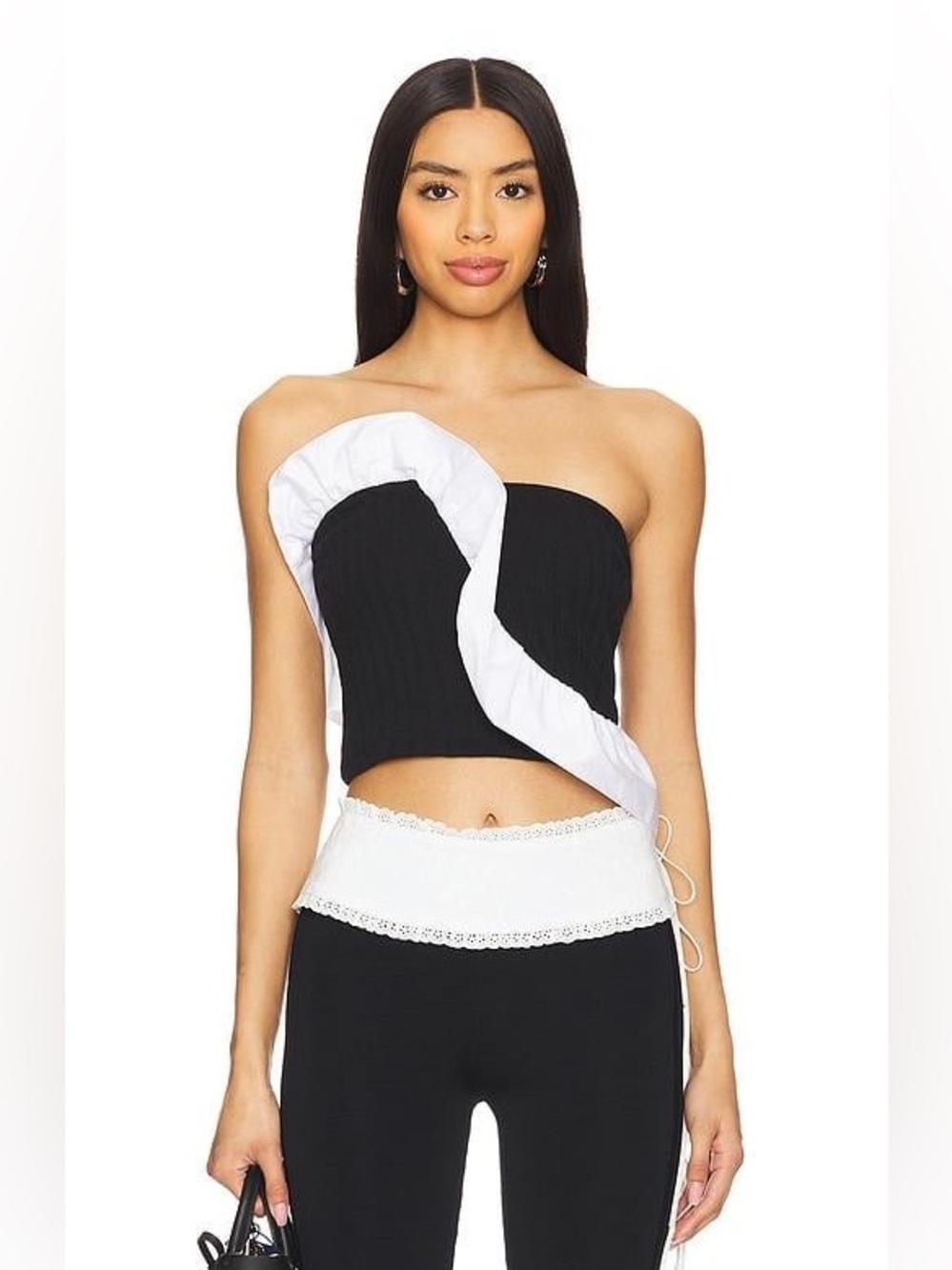 Free People Jagger Knit Top Strapless RuffleTube Top Black White Contrast Small